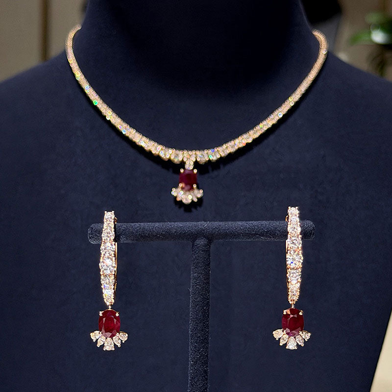 30 ctw Cushion-Cut Ruby and Sapphire Pendant Necklace and Earring Set