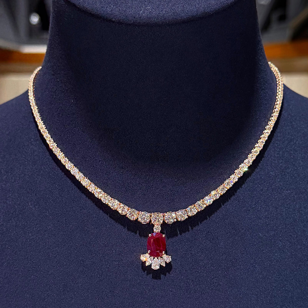 30 ctw Cushion-Cut Ruby and Sapphire Pendant Necklace and Earring Set