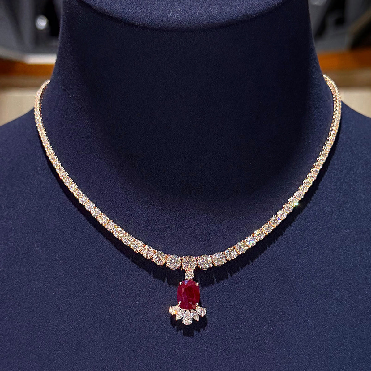 30 ctw Cushion-Cut Ruby and Sapphire Pendant Necklace and Earring Set
