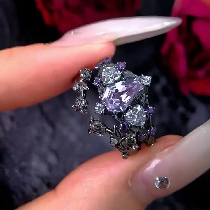 2.8ct Shield-Cut Purple Sapphire Stackable Ring in a Whimsical "Caroline" Style