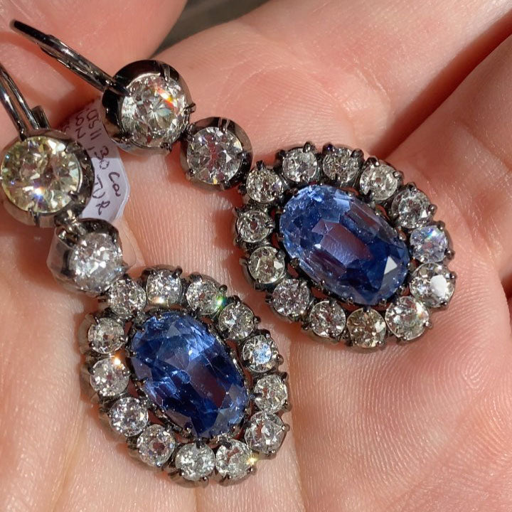 10 ctw Oval-Cut Ceylon Sapphire Vintage-Style Pendant Earrings