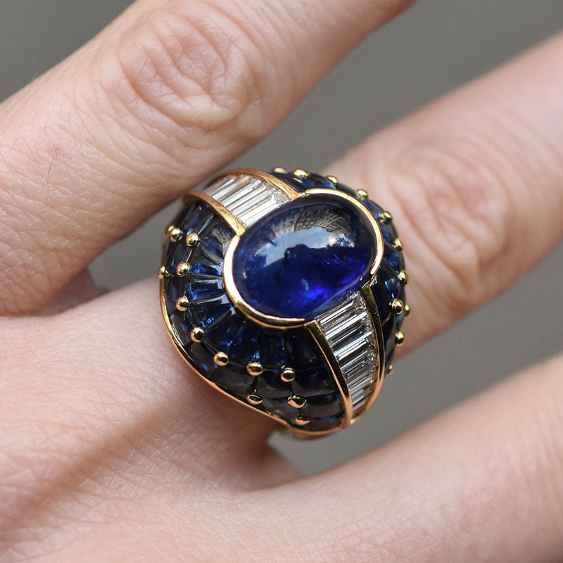 8-carat cabochon-cut blue sapphire pavé-set ring