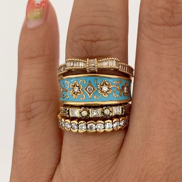 Sky-blue vintage-style enamel and sapphire stacking ring