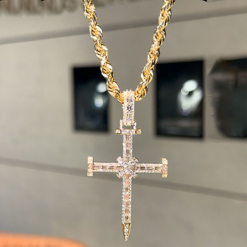 Baguette-cut sapphire cross pendant necklace