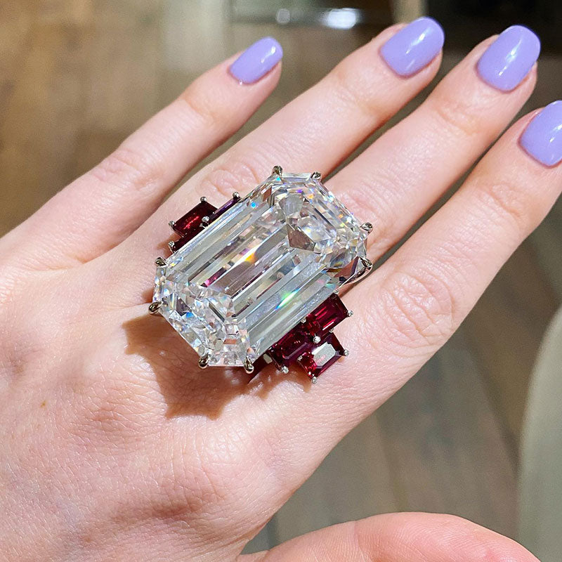 28ct Large Emerald-Cut White Sapphire and Ruby Engagement Ring