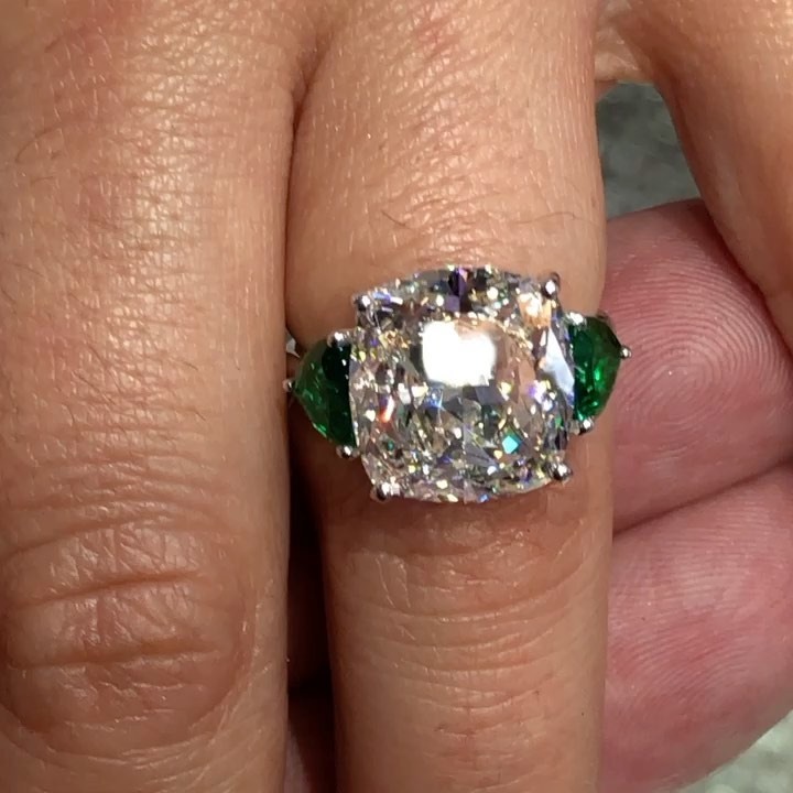 7ct Cushion-Cut Three-Stone Engagement Ring with Emeralds and White Sapphires