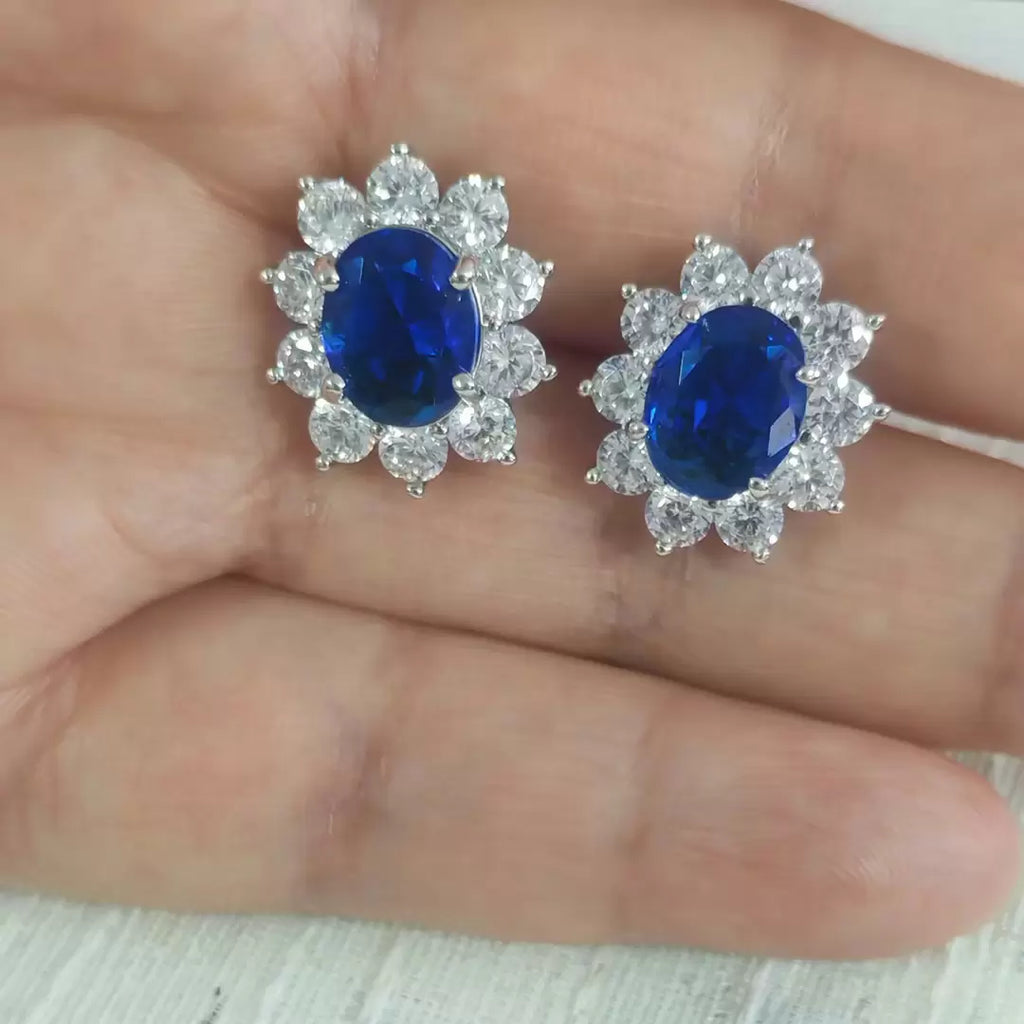 2ct Oval Cut Halo Sapphire Stud Earrings