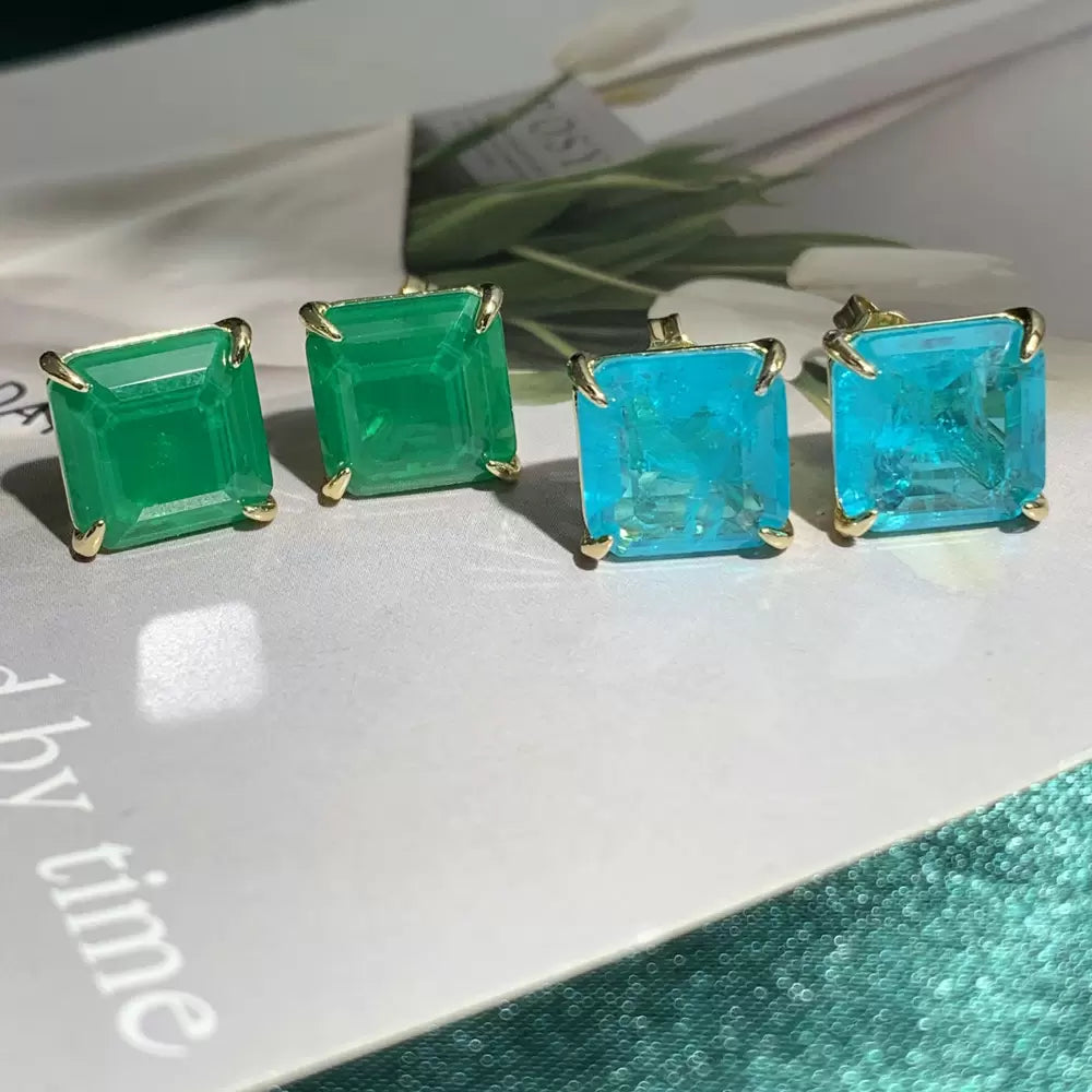 11ctw Asscher Cut Emerald/Paraiba Stud Earrings