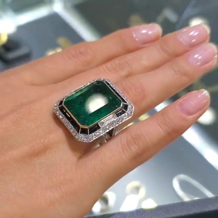 16ct Emerald Cut Double Halo Vintage Cocktail Ring