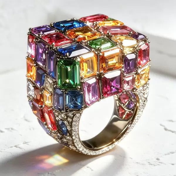 18ctw Emerald Cut Multicolor Sapphire Allover-set Cocktail Ring