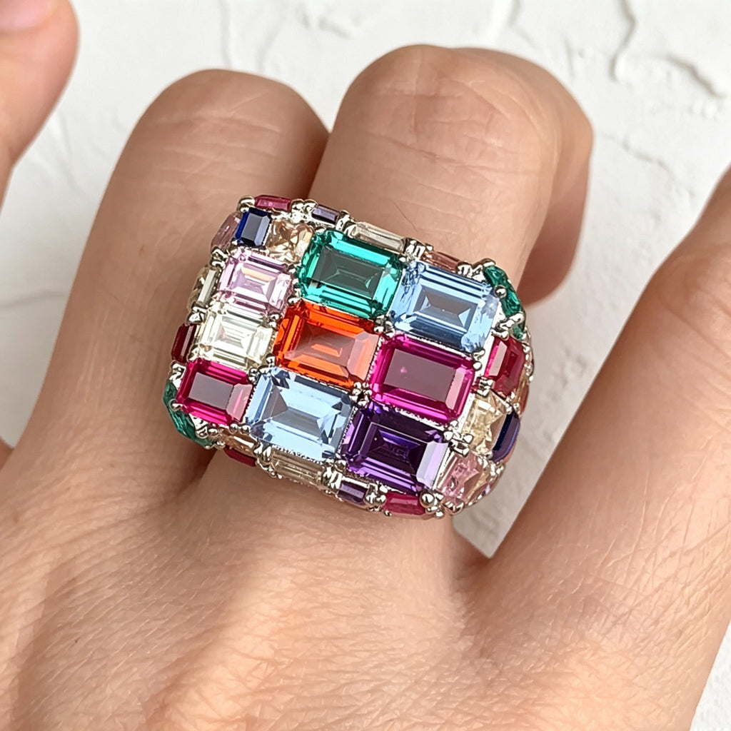 18ctw Emerald Cut Multicolor Sapphire Allover-set Cocktail Ring