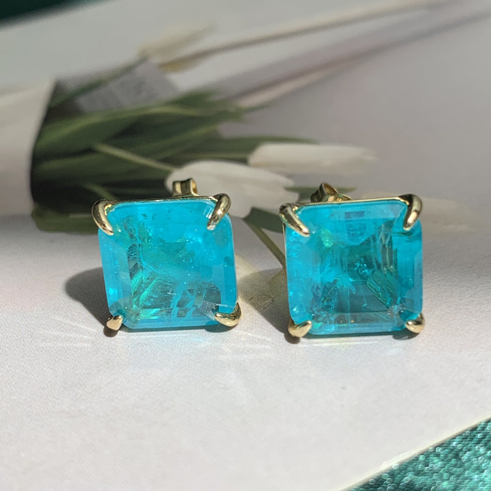 11ctw Asscher Cut Emerald/Paraiba Stud Earrings