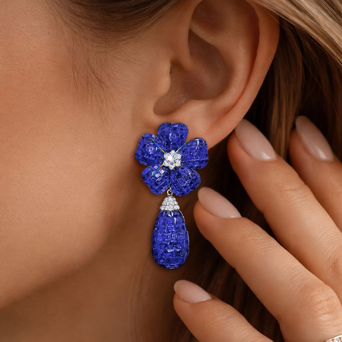 45ctw Invisible-set Ruby Flower Teardrop Dangle Statement Earrings