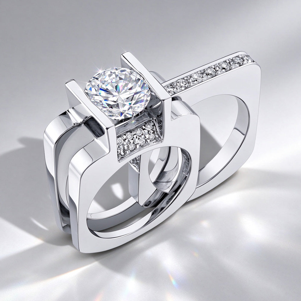 3ct Round Cut Modern Style Square Wedding Ring Set
