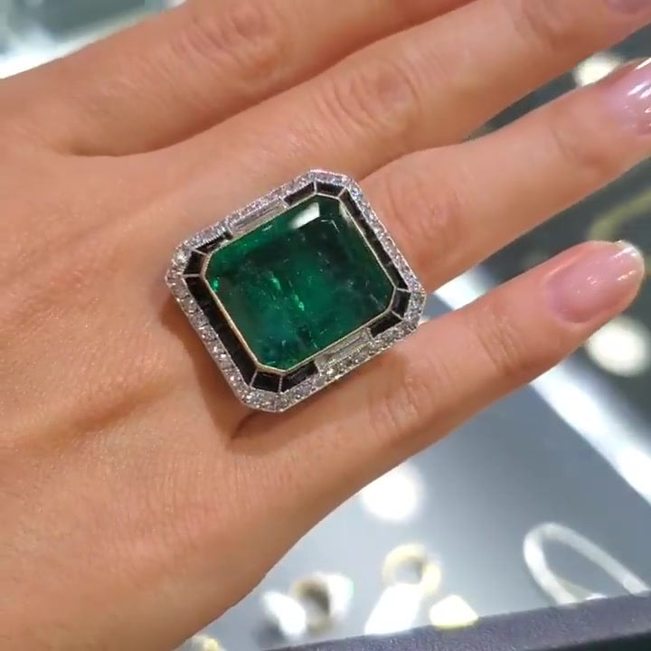 16ct Emerald Cut Double Halo Vintage Cocktail Ring