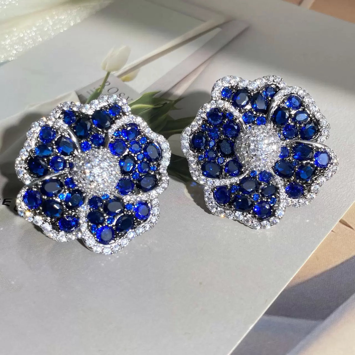 25ctw Blue and White Sapphire Blossom Statement Earrings