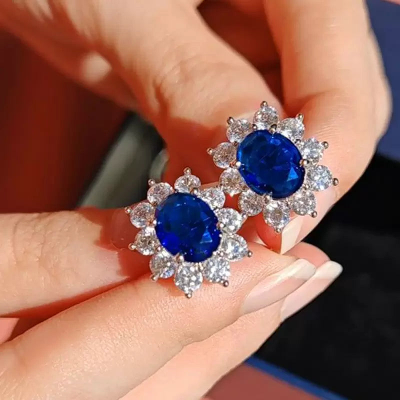 2ct Oval Cut Halo Sapphire Stud Earrings
