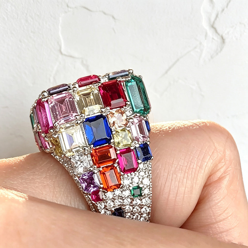 18ctw Emerald Cut Multicolor Sapphire Allover-set Cocktail Ring