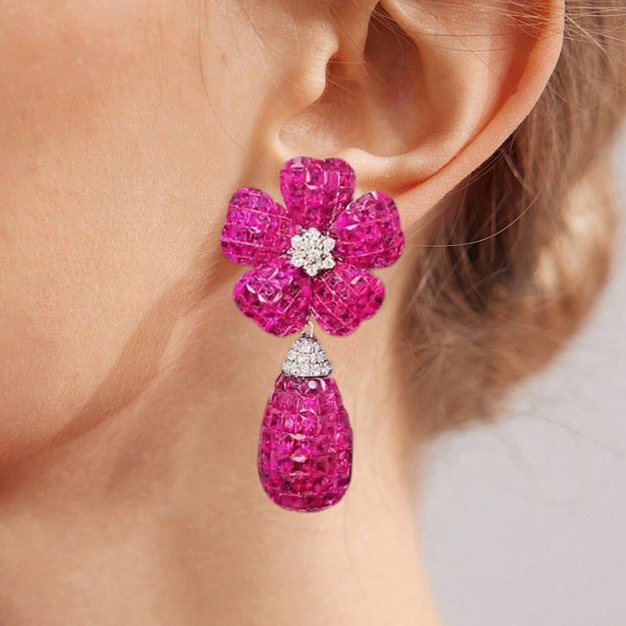 45ctw Invisible-set Ruby Flower Teardrop Dangle Statement Earrings