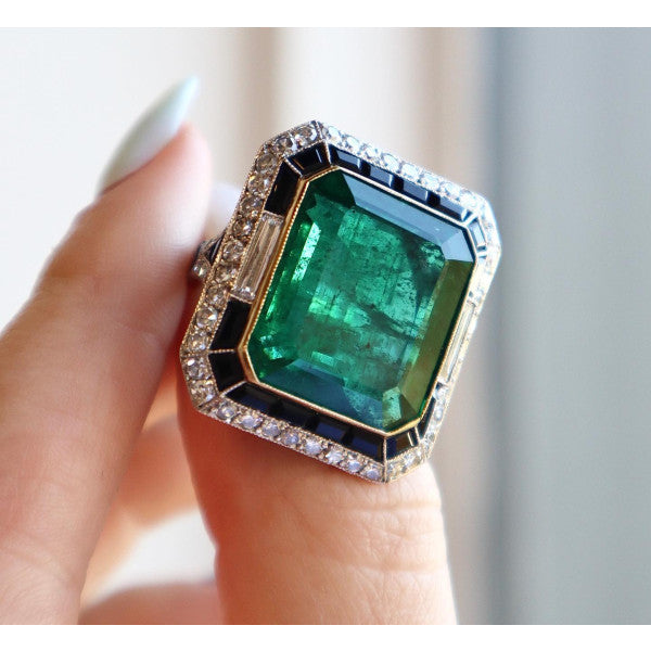 16ct Emerald Cut Double Halo Vintage Cocktail Ring