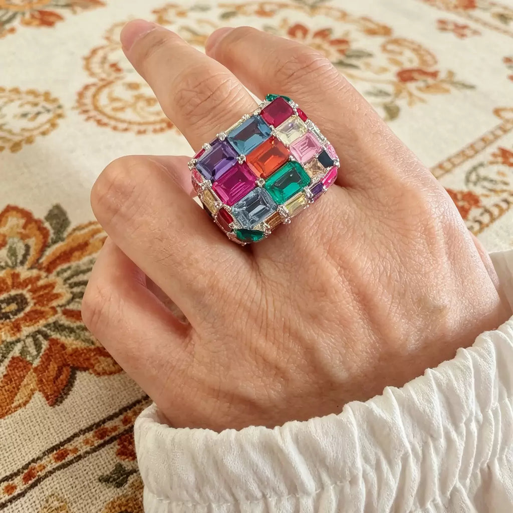 18ctw Emerald Cut Multicolor Sapphire Allover-set Cocktail Ring