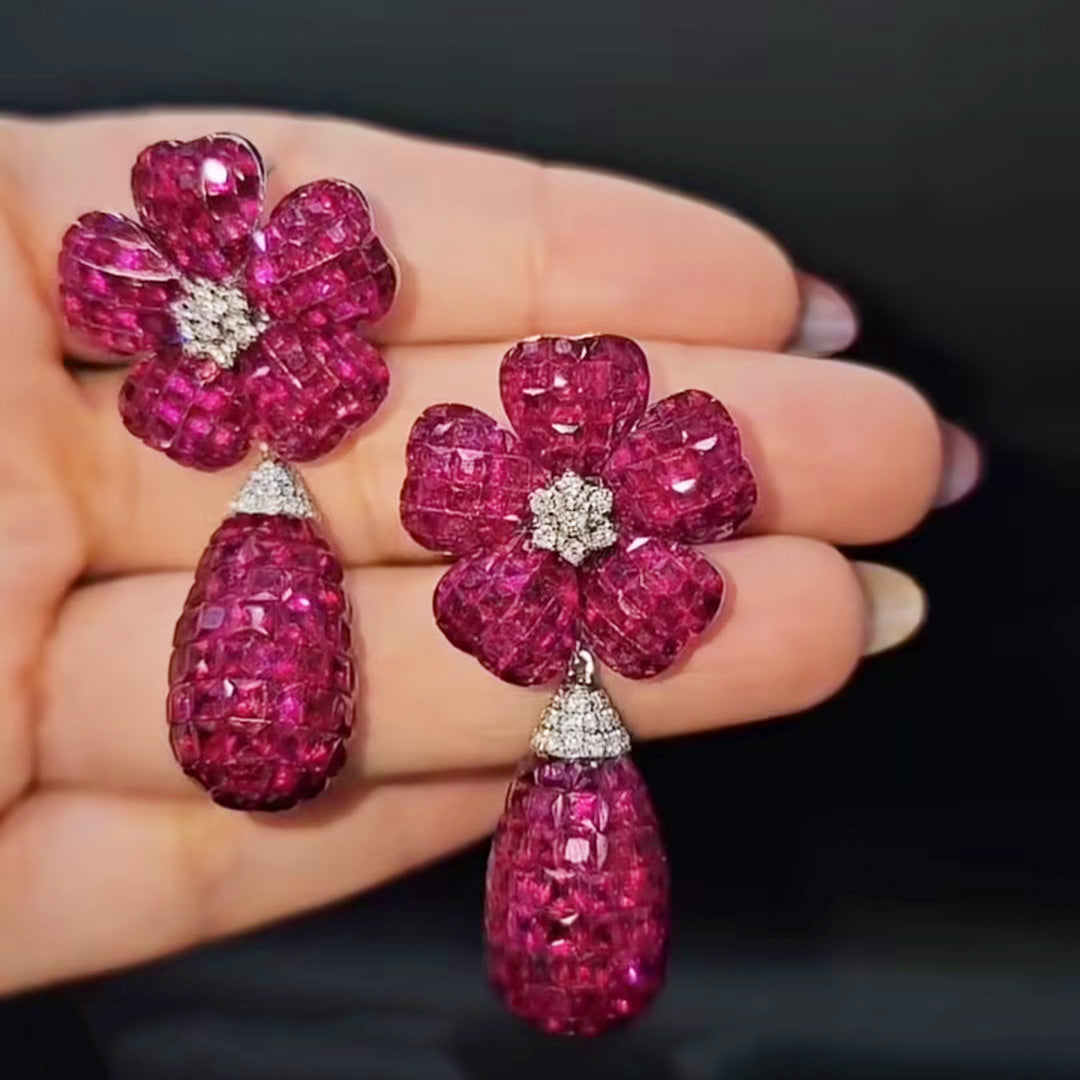 45ctw Invisible-set Ruby Flower Teardrop Dangle Statement Earrings