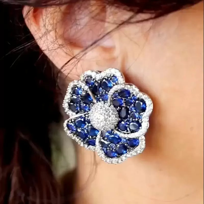25ctw Blue and White Sapphire Blossom Statement Earrings