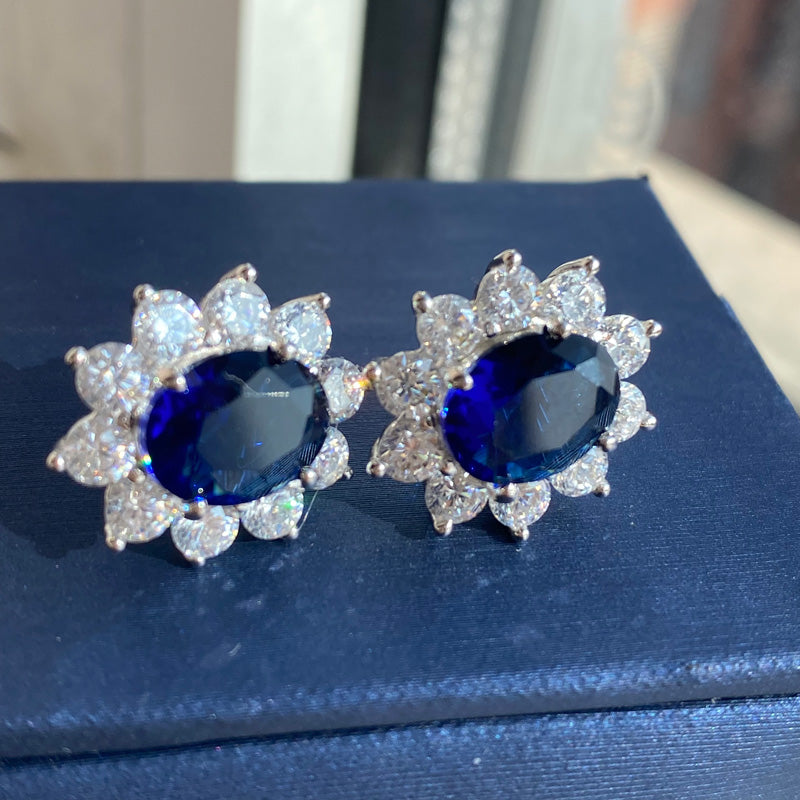 2ct Oval Cut Halo Sapphire Stud Earrings