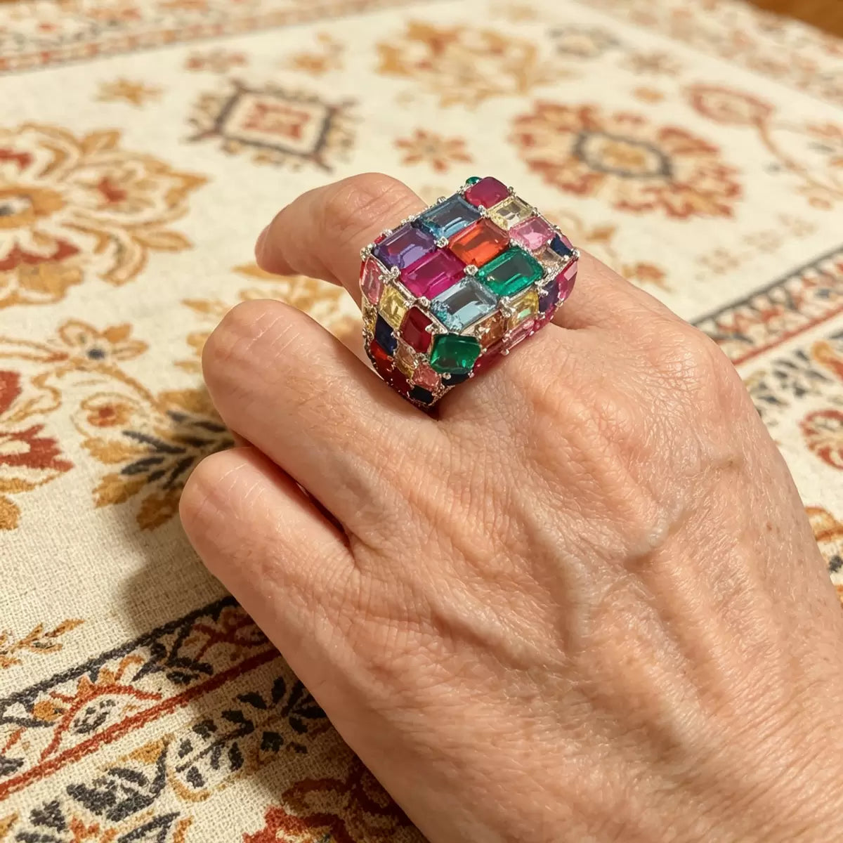 18ctw Emerald Cut Multicolor Sapphire Allover-set Cocktail Ring