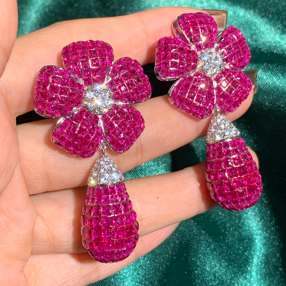 45ctw Invisible-set Ruby Flower Teardrop Dangle Statement Earrings