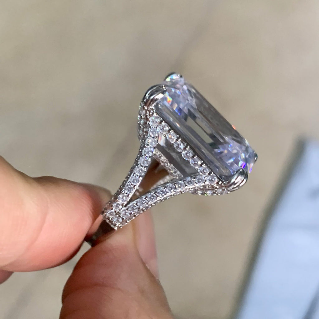 16ct Emerald Cut White Sapphire Paved Engagement Ring