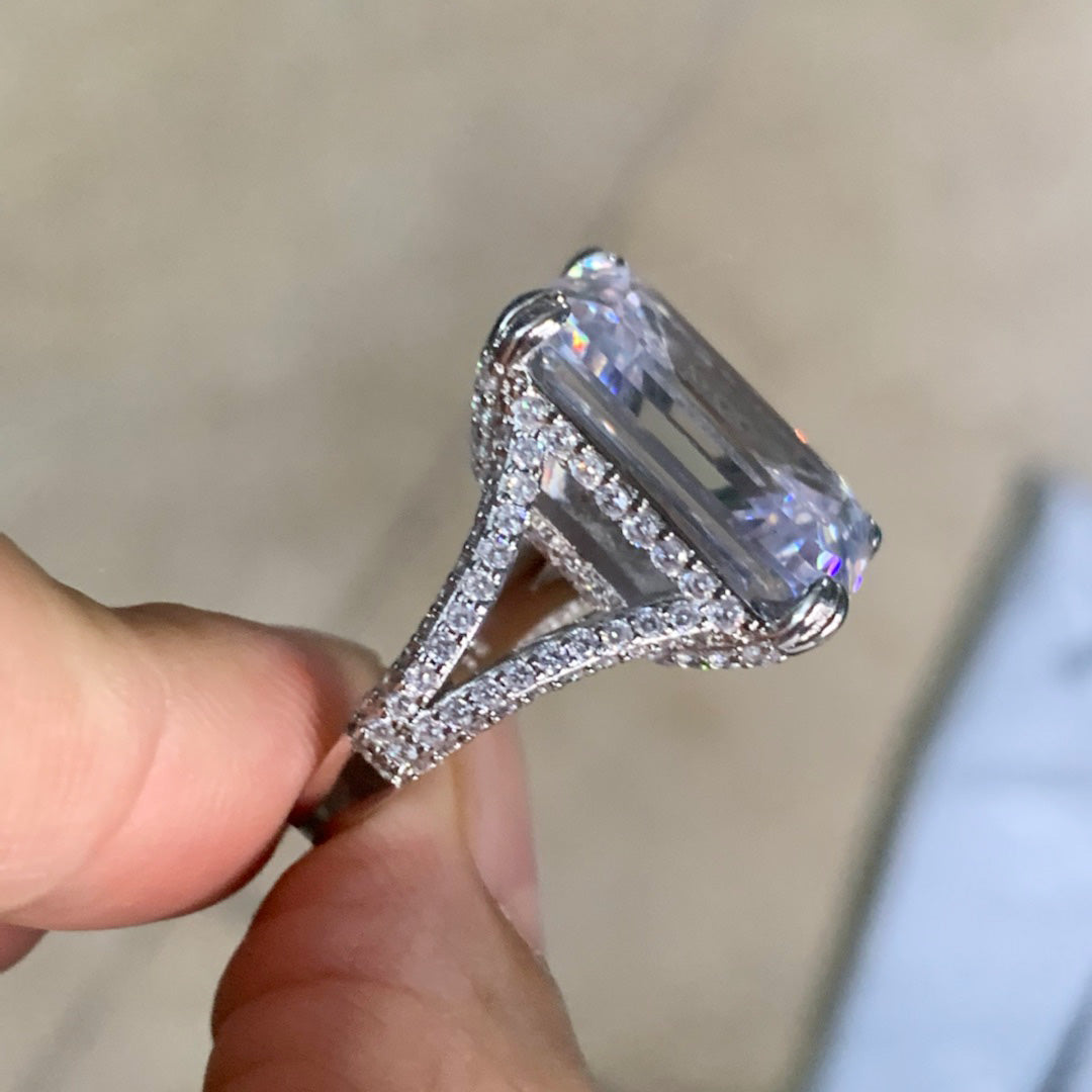 16ct Emerald Cut White Sapphire Paved Engagement Ring