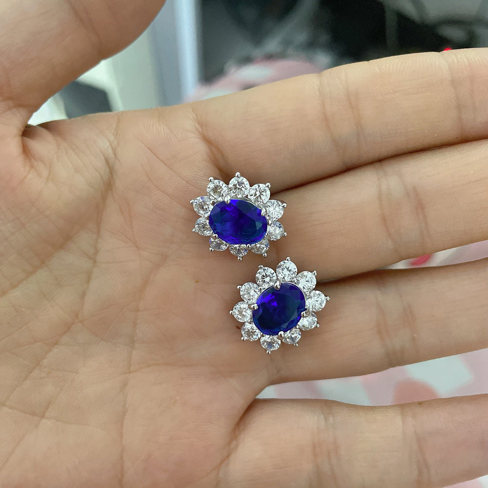 2ct Oval Cut Halo Sapphire Stud Earrings