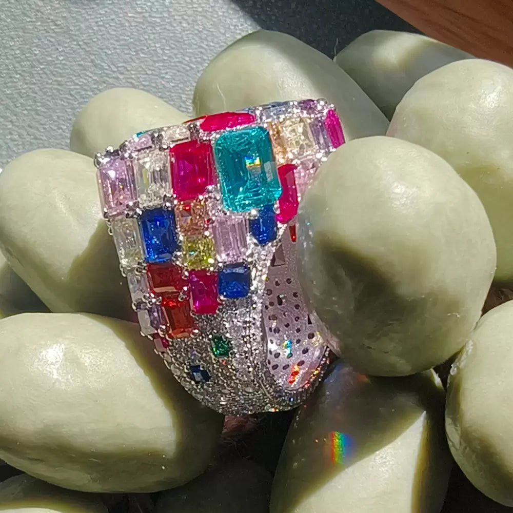 18ctw Emerald Cut Multicolor Sapphire Allover-set Cocktail Ring