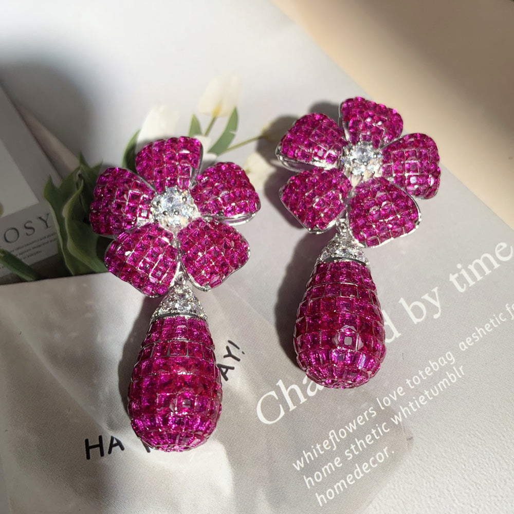 45ctw Invisible-set Ruby Flower Teardrop Dangle Statement Earrings