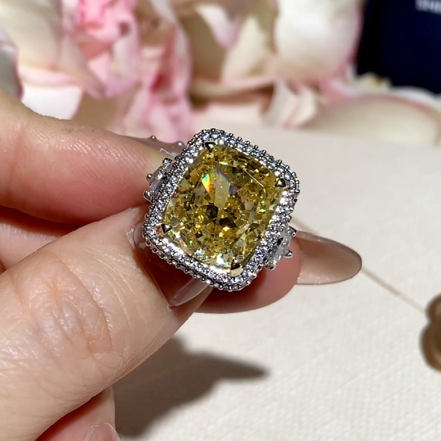 12ct Elongated Cushion Cut Yellow Sapphire Halo Cocktail Ring