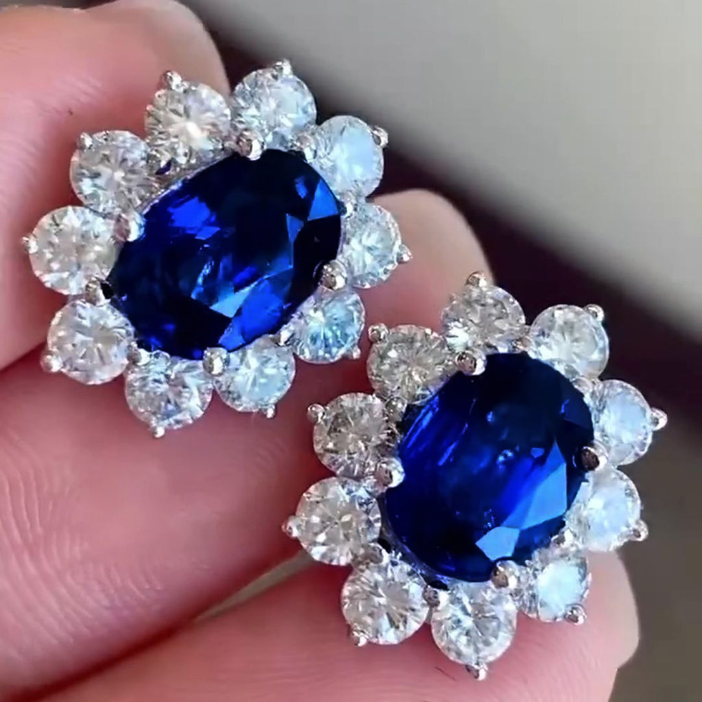 2ct Oval Cut Halo Sapphire Stud Earrings