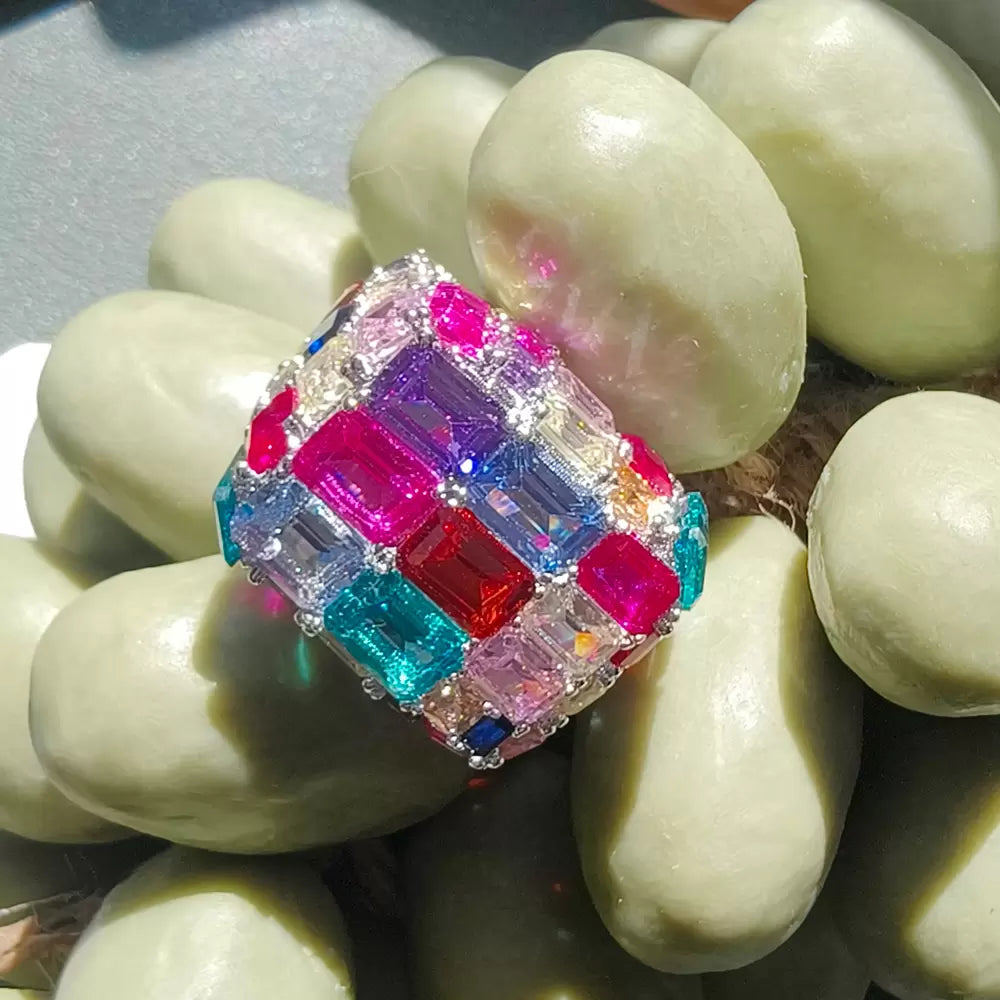 18ctw Emerald Cut Multicolor Sapphire Allover-set Cocktail Ring