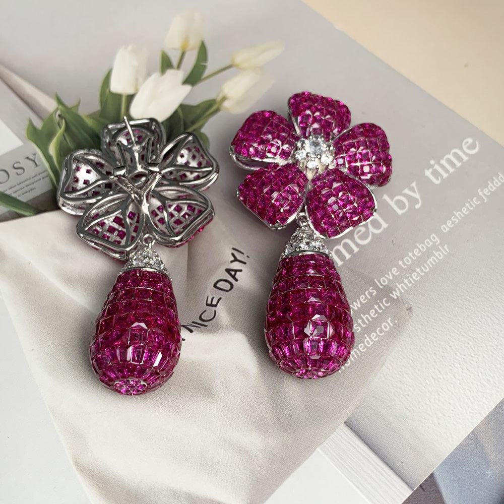 45ctw Invisible-set Ruby Flower Teardrop Dangle Statement Earrings