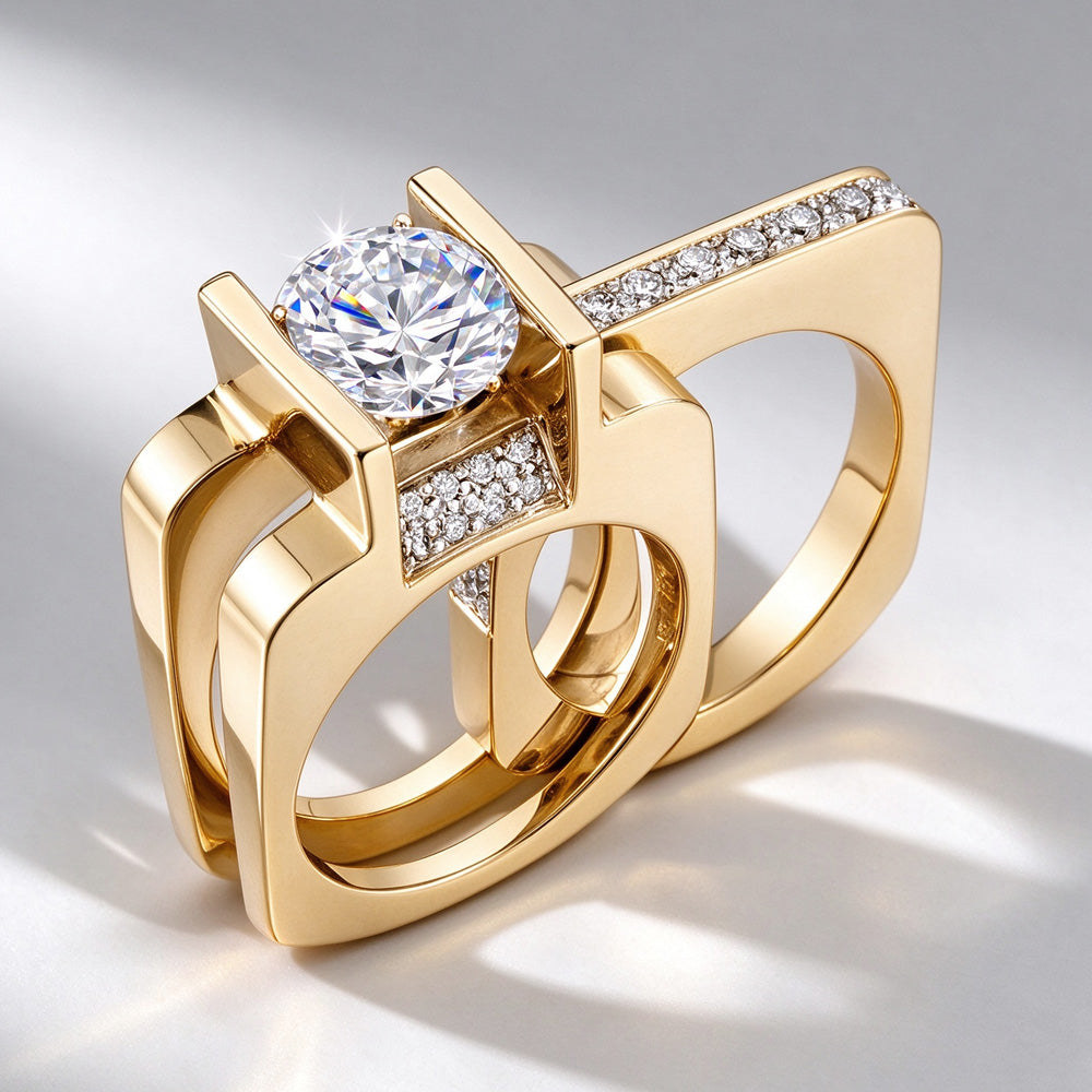 3ct Round Cut Modern Style Square Wedding Ring Set