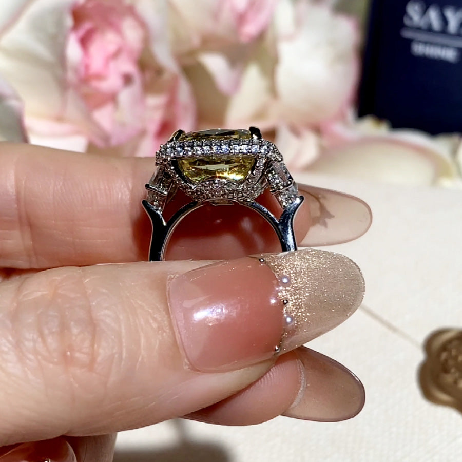 12ct Elongated Cushion Cut Yellow Sapphire Halo Cocktail Ring