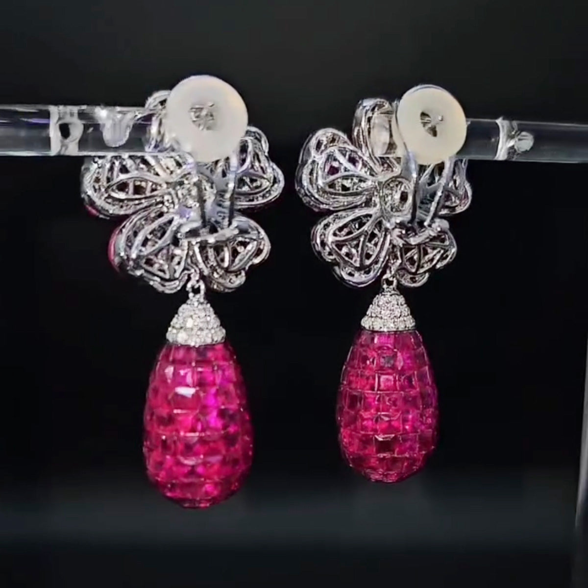 45ctw Invisible-set Ruby Flower Teardrop Dangle Statement Earrings