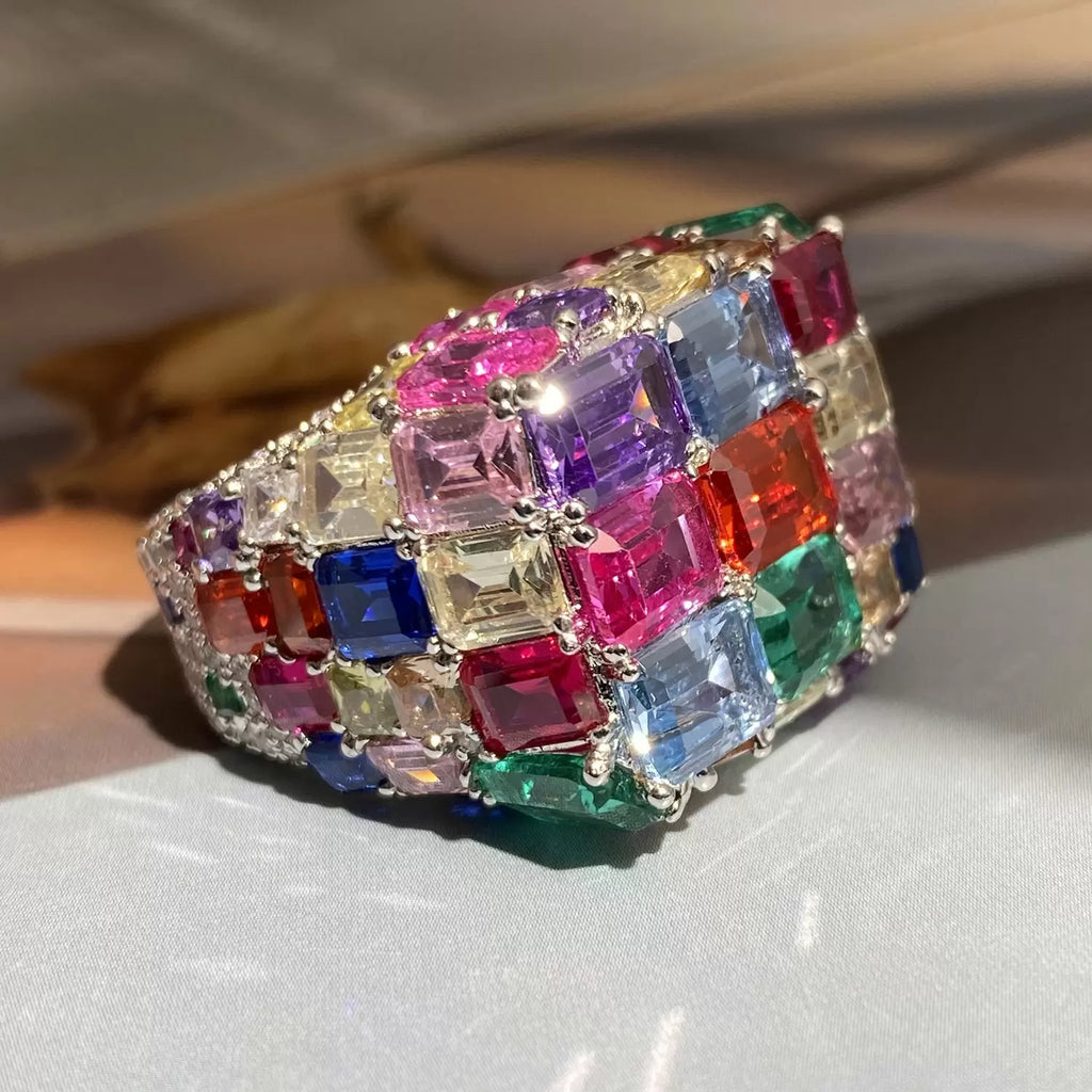 18ctw Emerald Cut Multicolor Sapphire Allover-set Cocktail Ring
