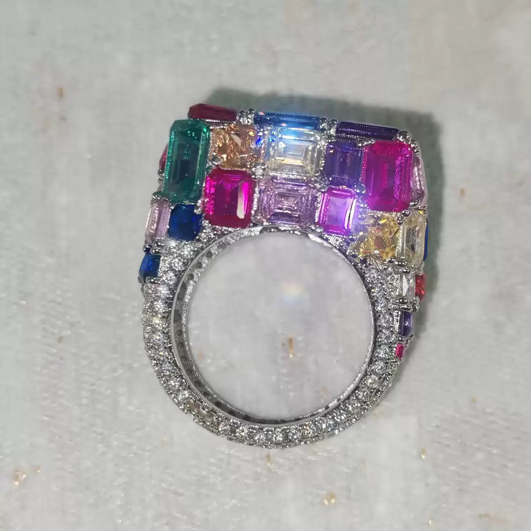 18ctw Emerald Cut Multicolor Sapphire Allover-set Cocktail Ring