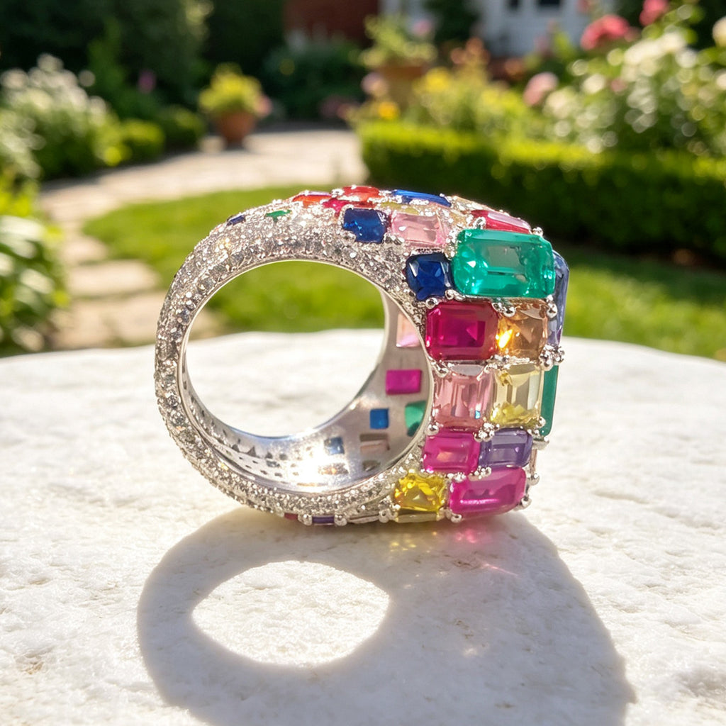 18ctw Emerald Cut Multicolor Sapphire Allover-set Cocktail Ring