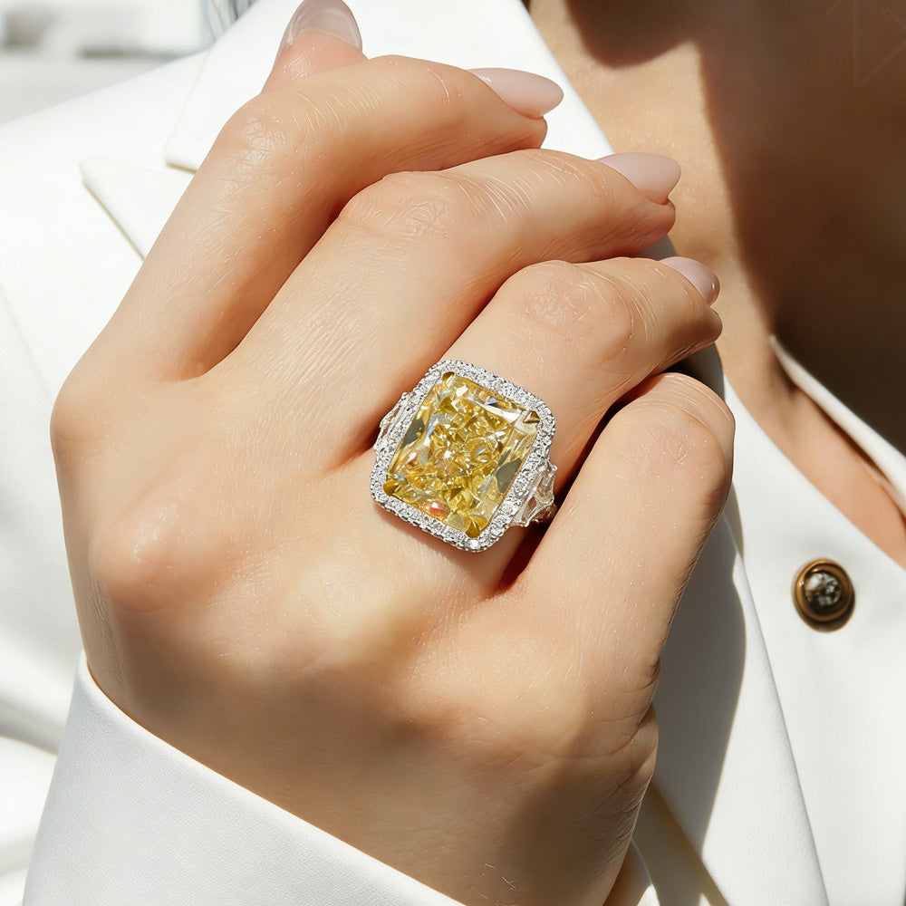 12ct Elongated Cushion Cut Yellow Sapphire Halo Cocktail Ring