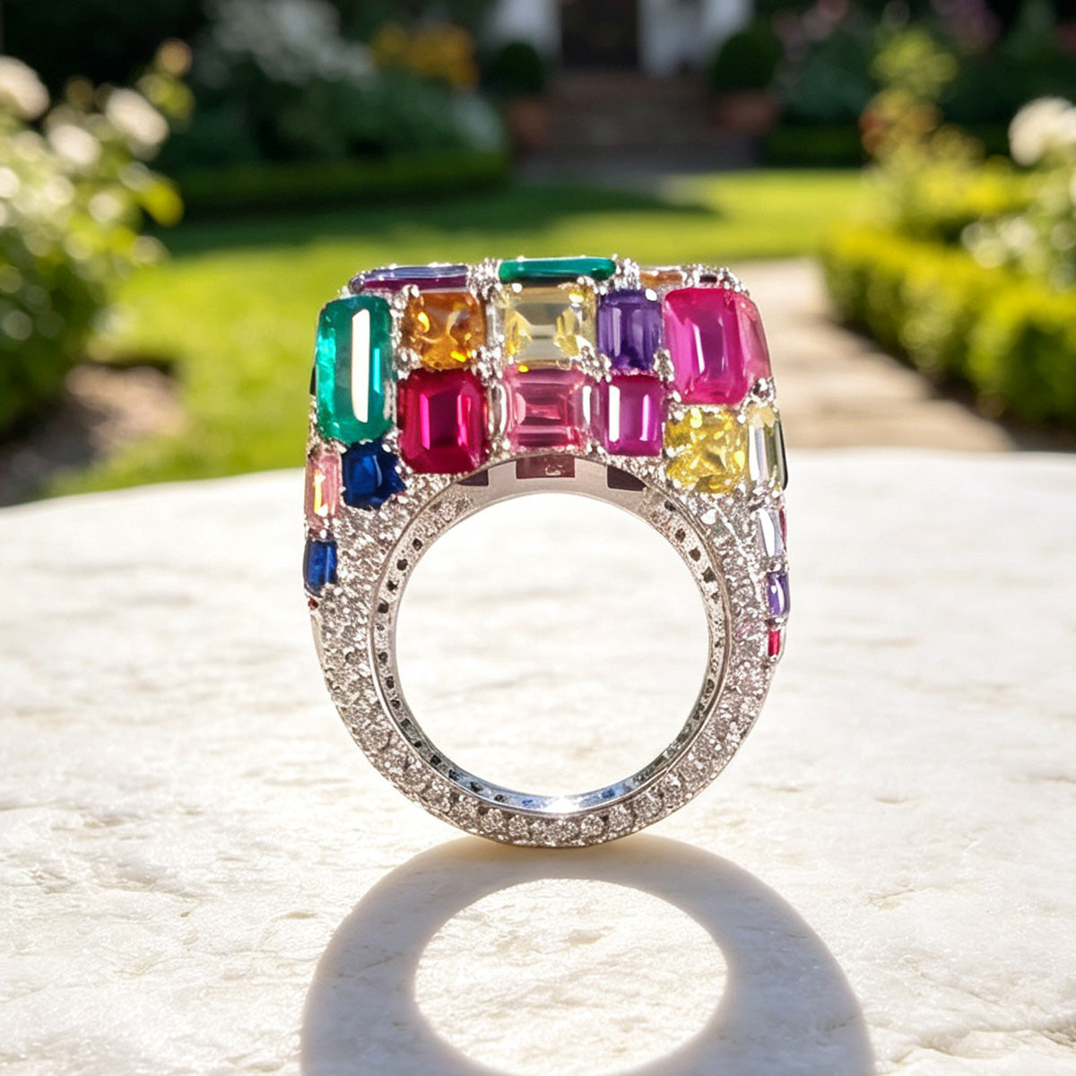 18ctw Emerald Cut Multicolor Sapphire Allover-set Cocktail Ring