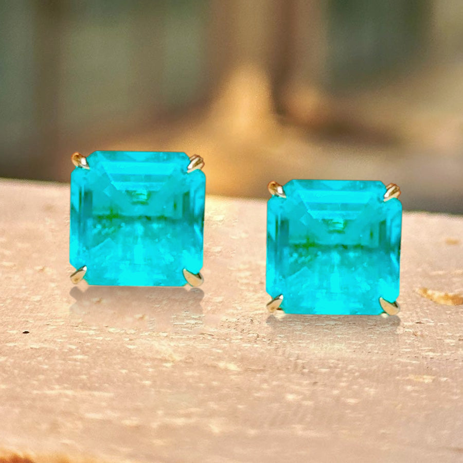 11ctw Asscher Cut Emerald/Paraiba Stud Earrings