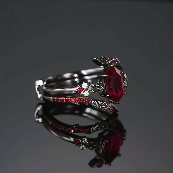 3ctw Elongated Hexagonal Emerald-Cut Ruby Ring in a Gothic Style