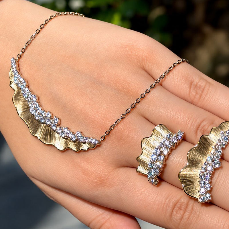 Wave-Pleated Hem-Inspired Jewelry Set (Ring, Earrings, Necklace, and Bracelet) with Round Sapphires